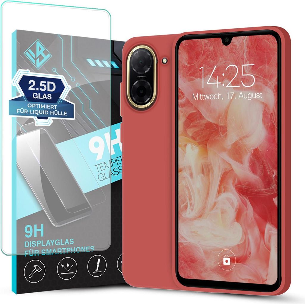 A product shot featuring a red phone case and a screen protector package.