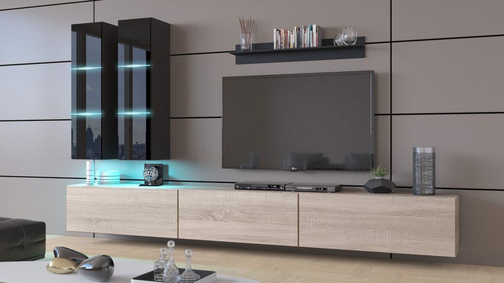 Furnitech Wohnwand Wohnzimmer - Hängend Wohnwand Modern - Regale und TV Schrank - Wohnzimmer Möbel ohne LED (Egina AN50-18BS-HGM9 1B)