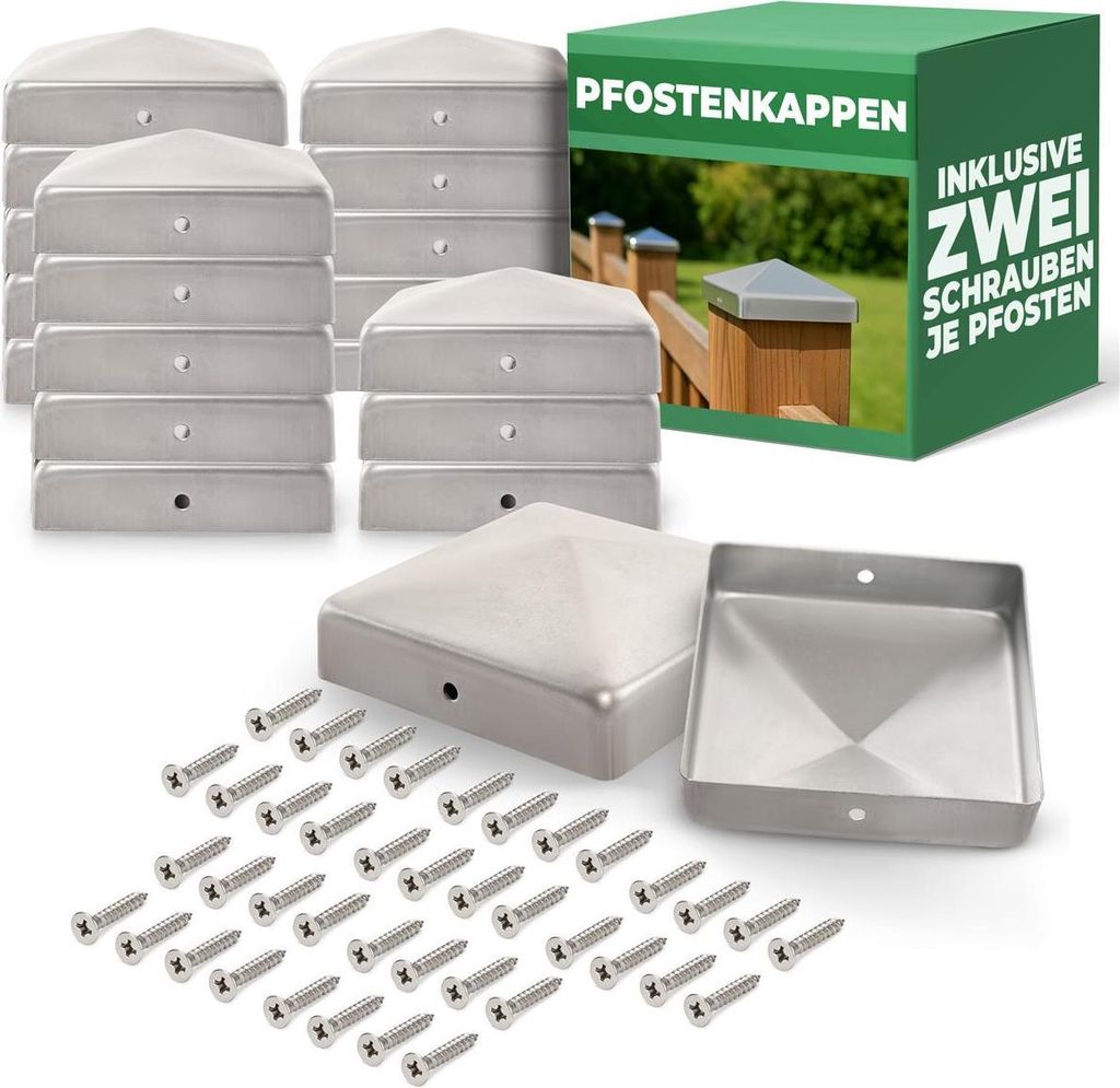 Novatool 20x Pfostenkappen Sparset 71x71mm verzinkt mit Schrauben, Pfostenabdeckung Pfostenkappe 7,1cm Holzpfosten Zaunpfosten Abdeckung Abdeckkapp...