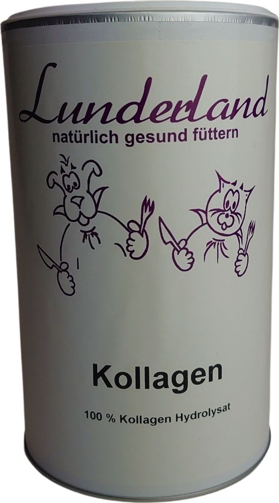 A white cylindrical container of Lunderland Kollagen for pets.