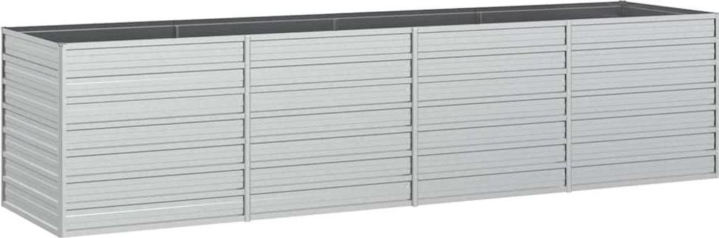 A long, rectangular, silver raised garden bed.
