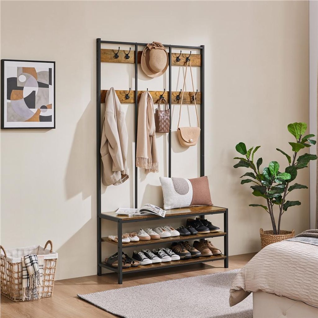 Yaheetech Garderobenständer mit Schuhregal, 24 Kleiderhaken, mit Sitzbank, Kleiderständer in Industrie-Stil, Braun