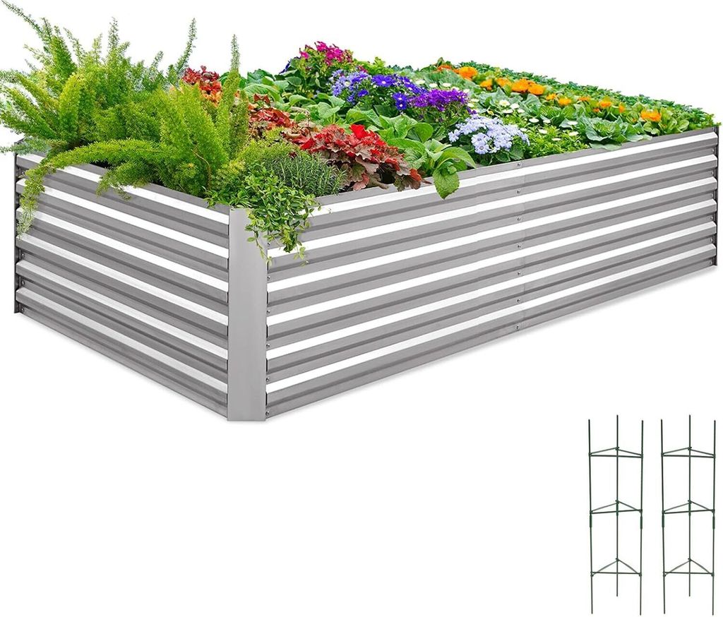 Quictent Hochbeet Metall 244x122x56cm, wetterfestes großes Gemüsebeet mit Tomatenkäfigen, ideal für den Garten, Silber.
