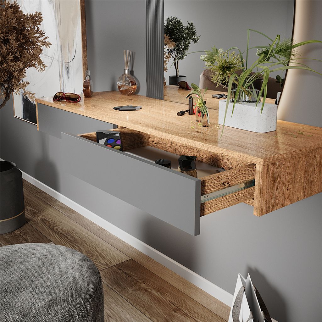 Vicco Schminktisch Chino In Eiche Rustikal – 120 Cm Breit Mit 3 Vlies-Schubladen