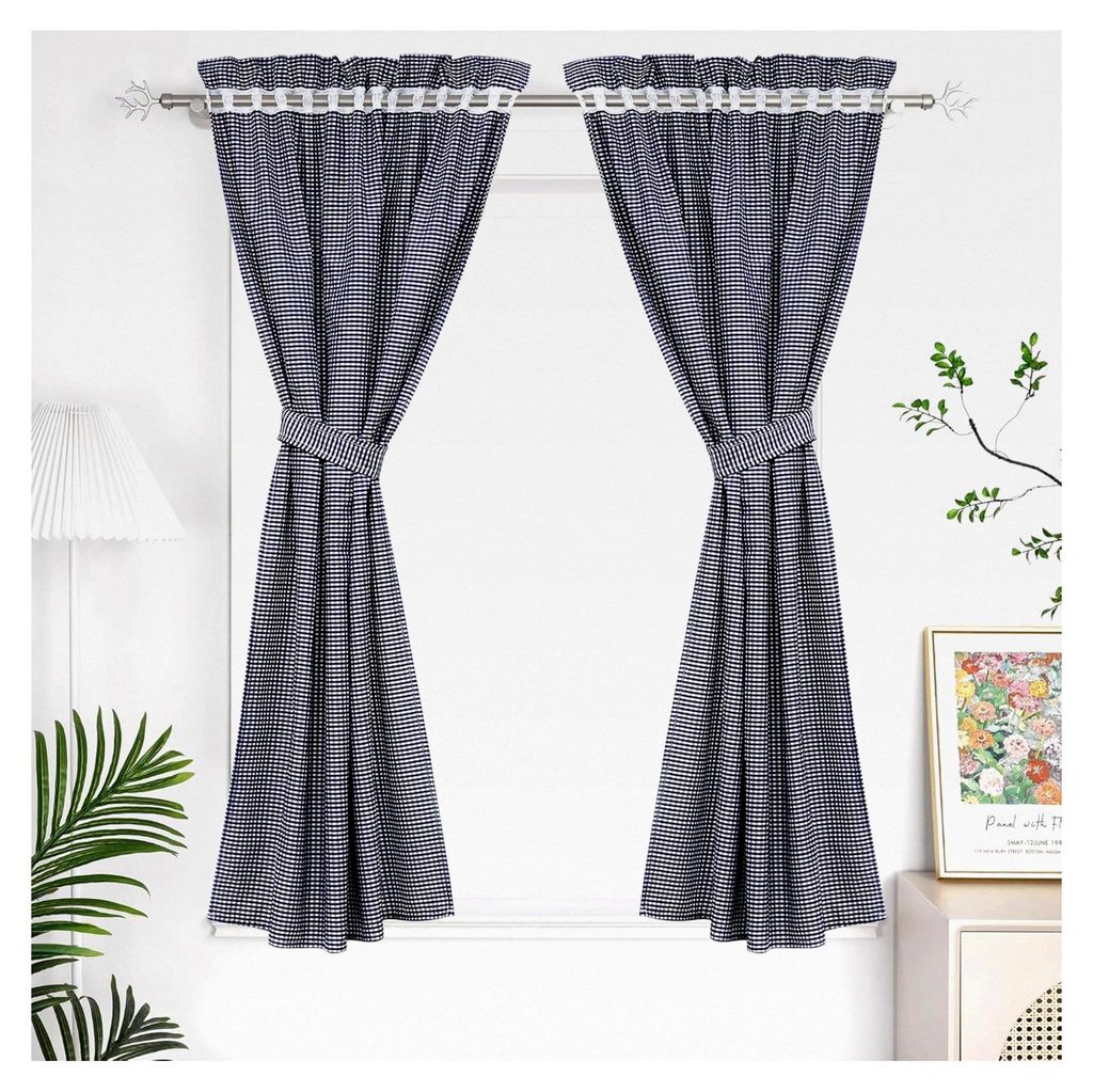 Vorhang im Landhausstil mit Karo-Muster und Stangendurchzug, blickdicht, inklusive 2 Raffhaltern, BxH 80x145cm, Blau, 2 Stück