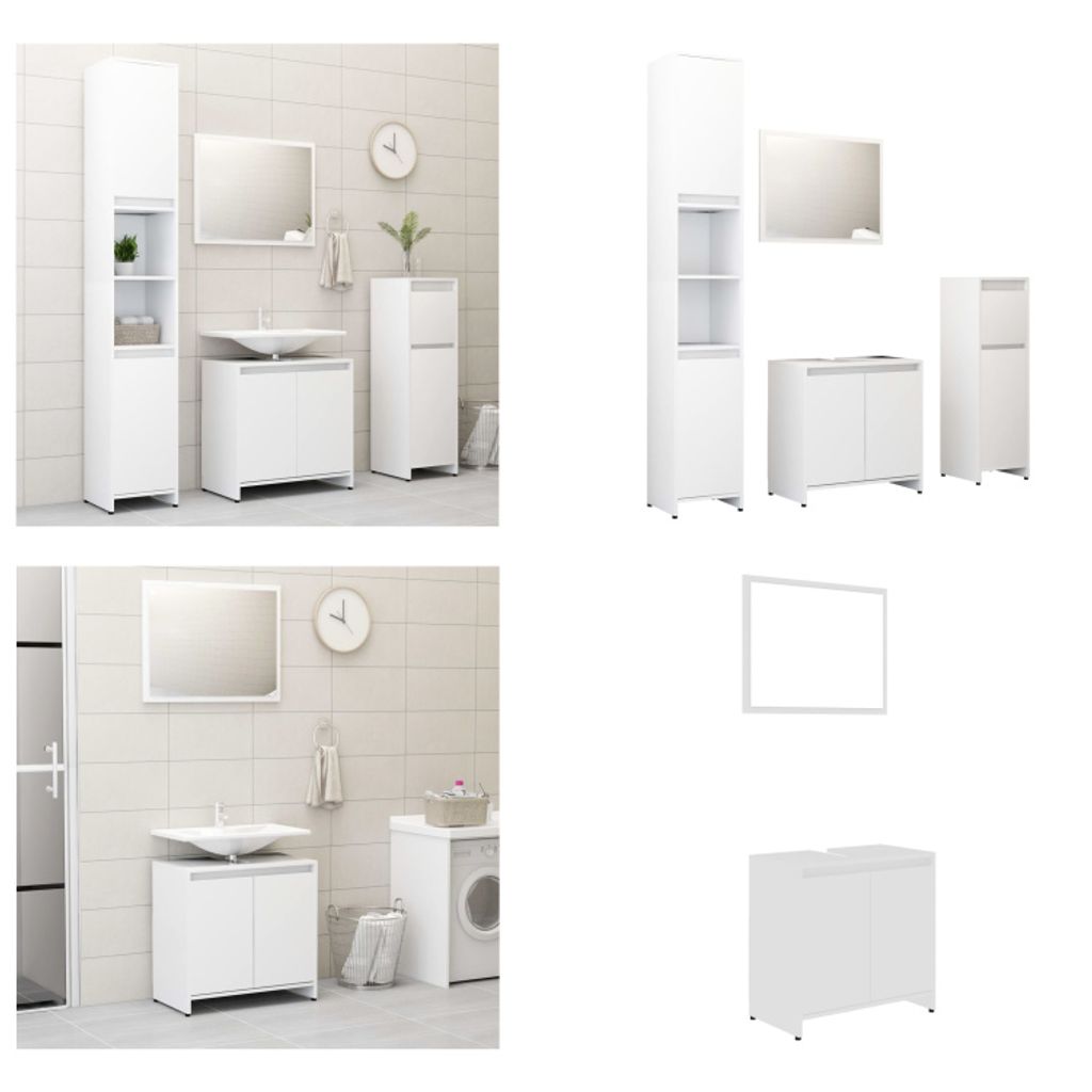 vidaXL 4 tlg. Badmöbel Set Weiß Holzwerkstoff - Badezimmermöbel-Set - Badezimmermöbel-Sets - Badezimmerschrank - Badezimmerschränke