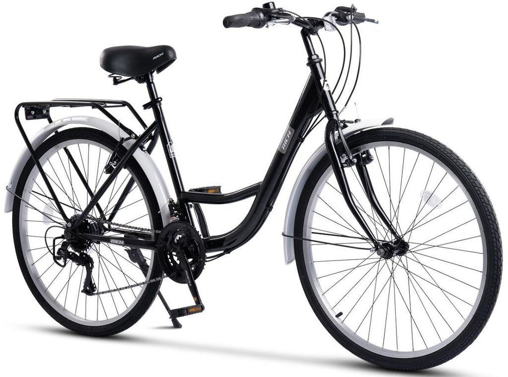 AIORBER 21 Gang Citybike 26 Zoll, Stahlrahmen Hardtail MTB, Gepäckträger & Schutzbleche, Reflektoren, V-Brake, Schwarz