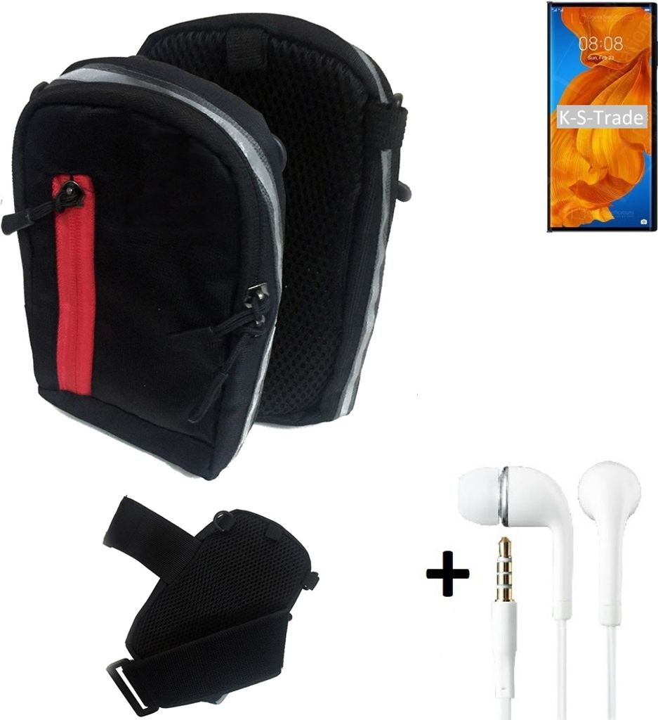 K-S-Trade Outdoor Gürteltasche Holster Umhängetasche + Kopfhörer kompatibel mit Huawei Mate Xs schwarz Handy Tasche Case travelbag Schutzhülle