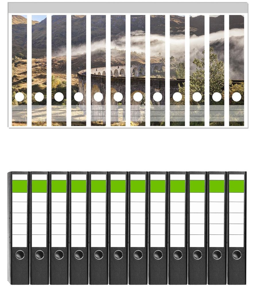Wallario 12 Stück schmale Ordner inkl. Klebeetiketten mit Motive Viadukt im Morgennebel - Set mit Rückenschildern / Ordnerrücken Stickern