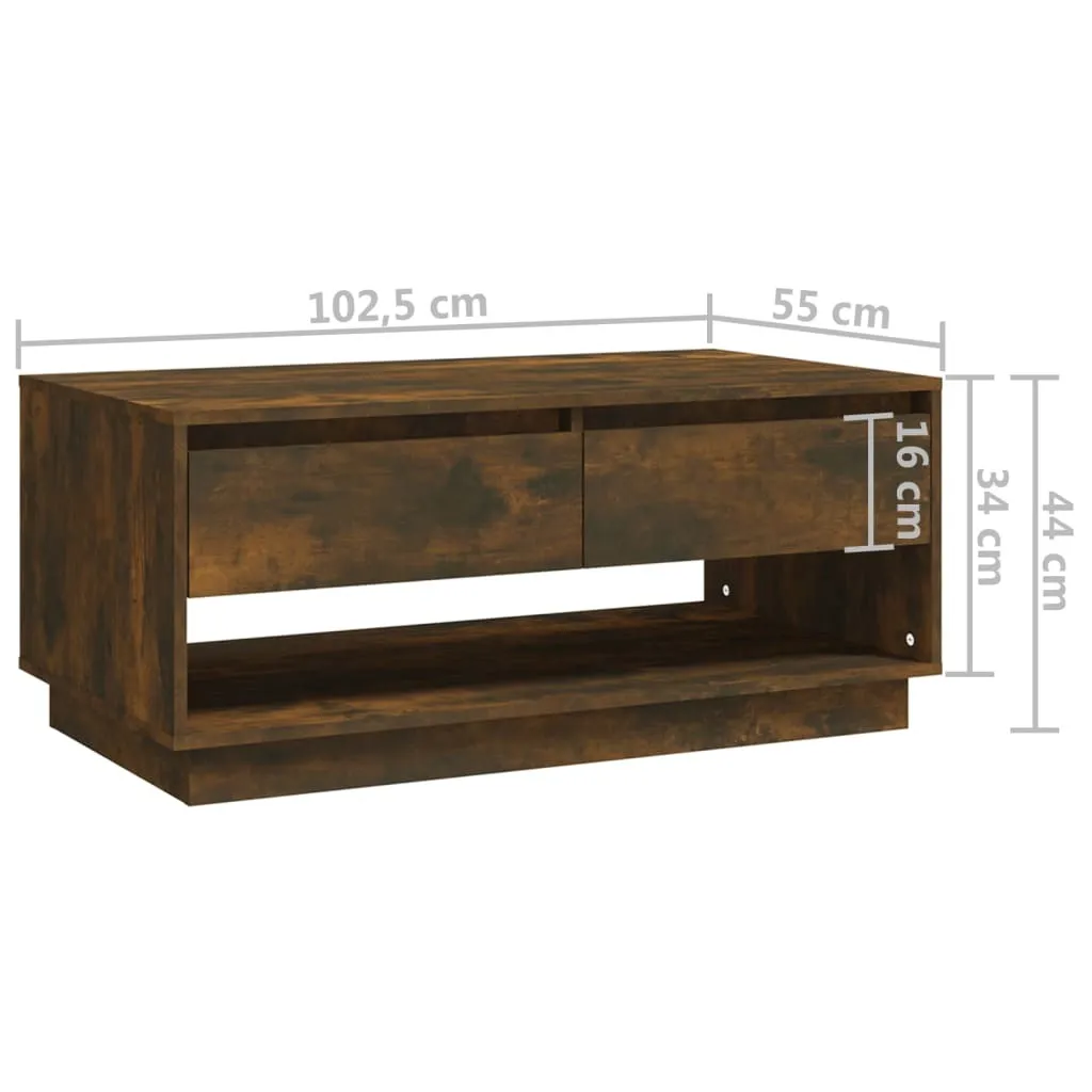 Table basse bois composite chêne fumé 102,5 cm, design double plateau