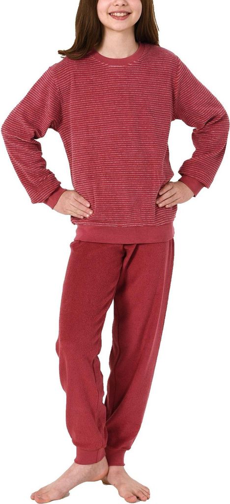 Mädchen Frottee Pyjama langarm mit Bündchenin toller Streifenoptik ; rot , 122