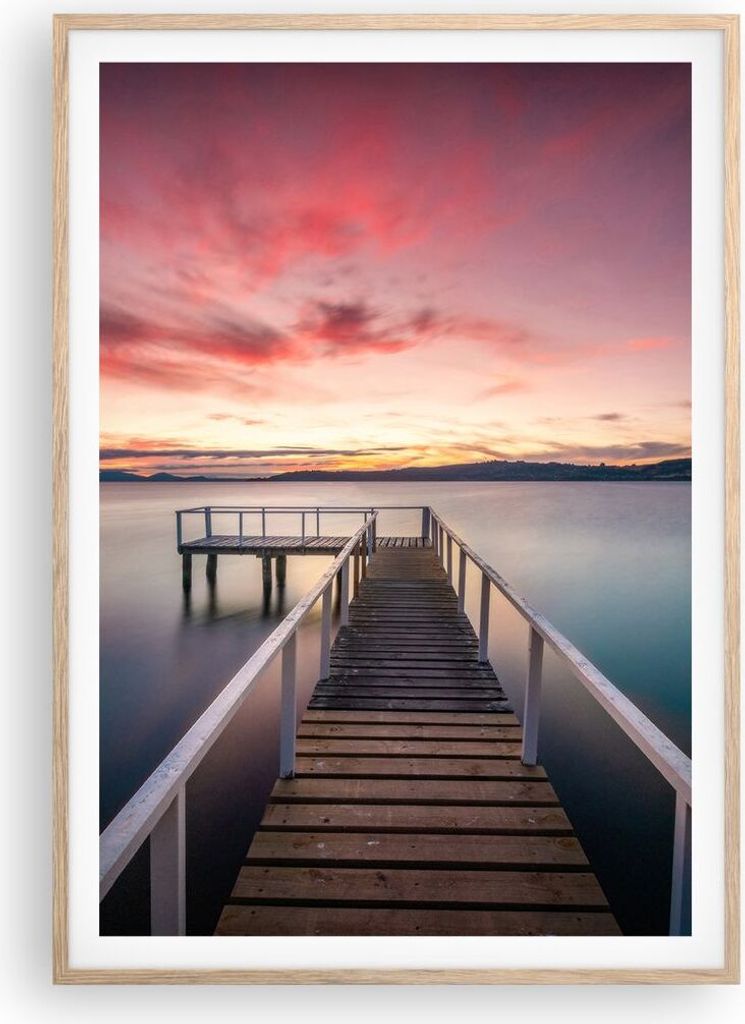 Gerahmtes Poster - Rahmen in heller Eiche - Brücke Rosa Himmel - 70x100 cm - Wand Bild - Wanddeko - Wandbilder - Kunstposter - Wandposter - Bilder...