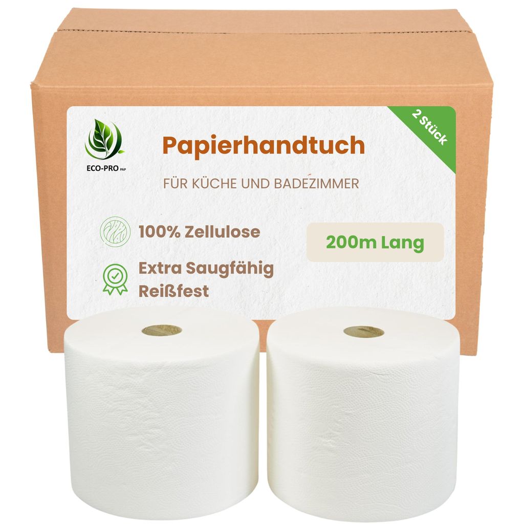 ECO - PRO PAP - Papierhandtuch 200 Meter lang, Papiertuch aus 100% Zellulose, Extra Saugfähig & Reißfest, Pappkern, für Küche und Badezimmer - ...