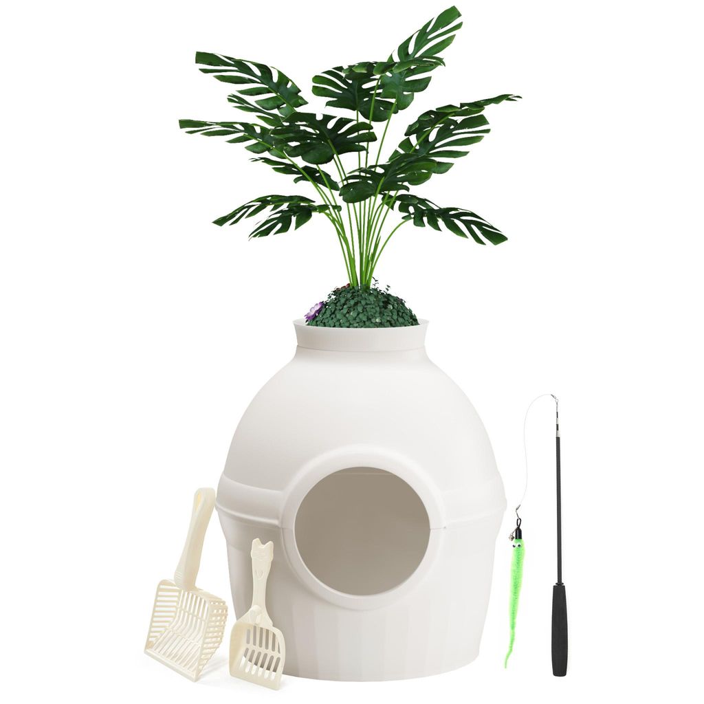 Mondeer 2-in-1 Katzentoilette & Schlafhöhle mit Deko-Pflanze, individuell gestaltbar, belüftet – inkl. Katzenangel und Schaufel Weiß