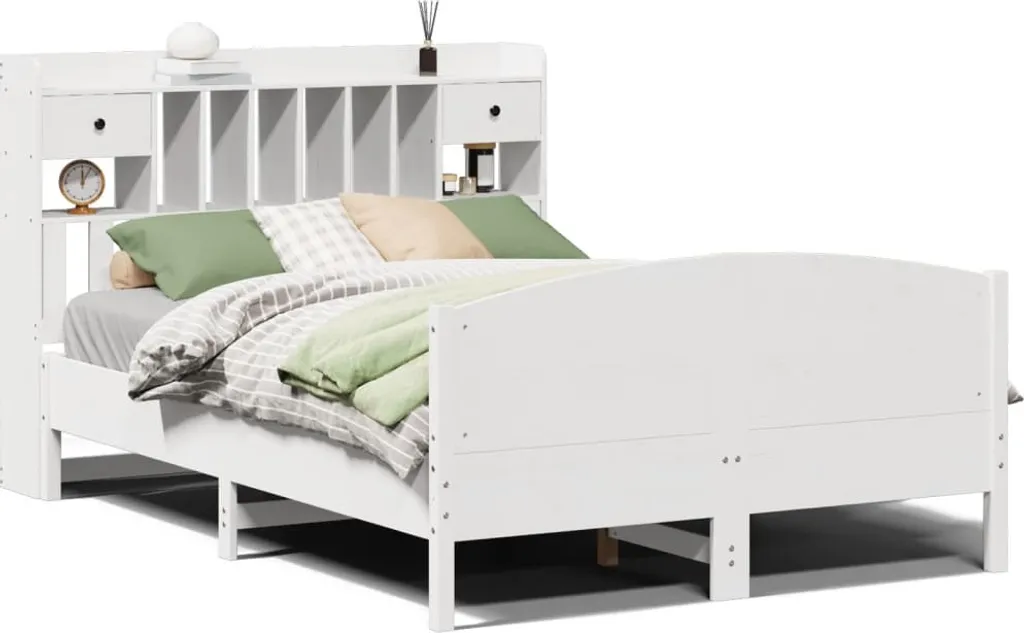 Lit en bois massif blanc 150x200 cm - Cadre de lit en pin avec étagère