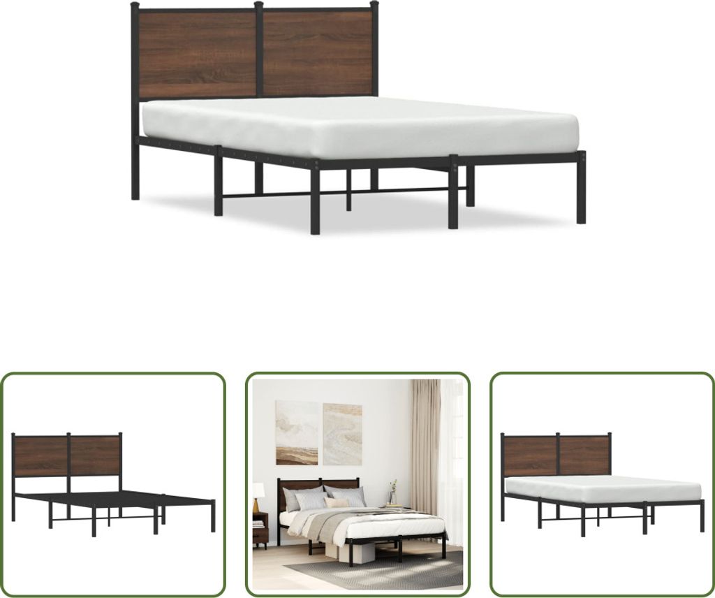 The Living Store Bettgestell mit Kopfteil Metall Braun Eichen-Optik 120x190 cm