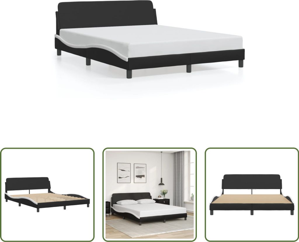 The Living Store Bettgestell mit Kopfteil Schwarz und Weiß 160x200 cm Kunstleder
