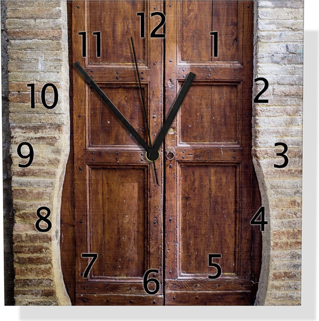 Wallario Design Wanduhr Holztür braun aus Aluverbund, Größe 30 x 30 cm