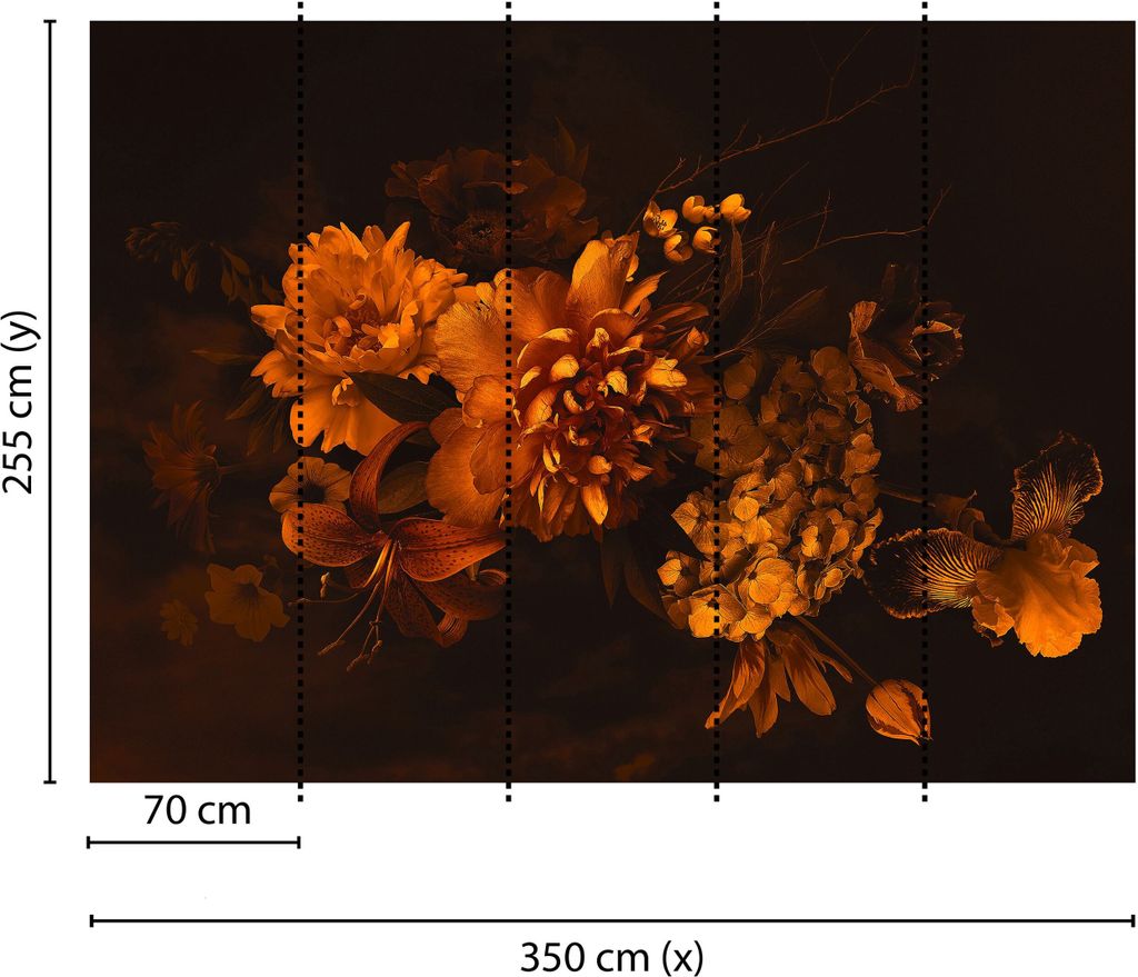 Tadessi Fototapete | Blumen | 3.50 m x 2.55 m | Orange | Schwarz | Wandbild | Digitaldruck