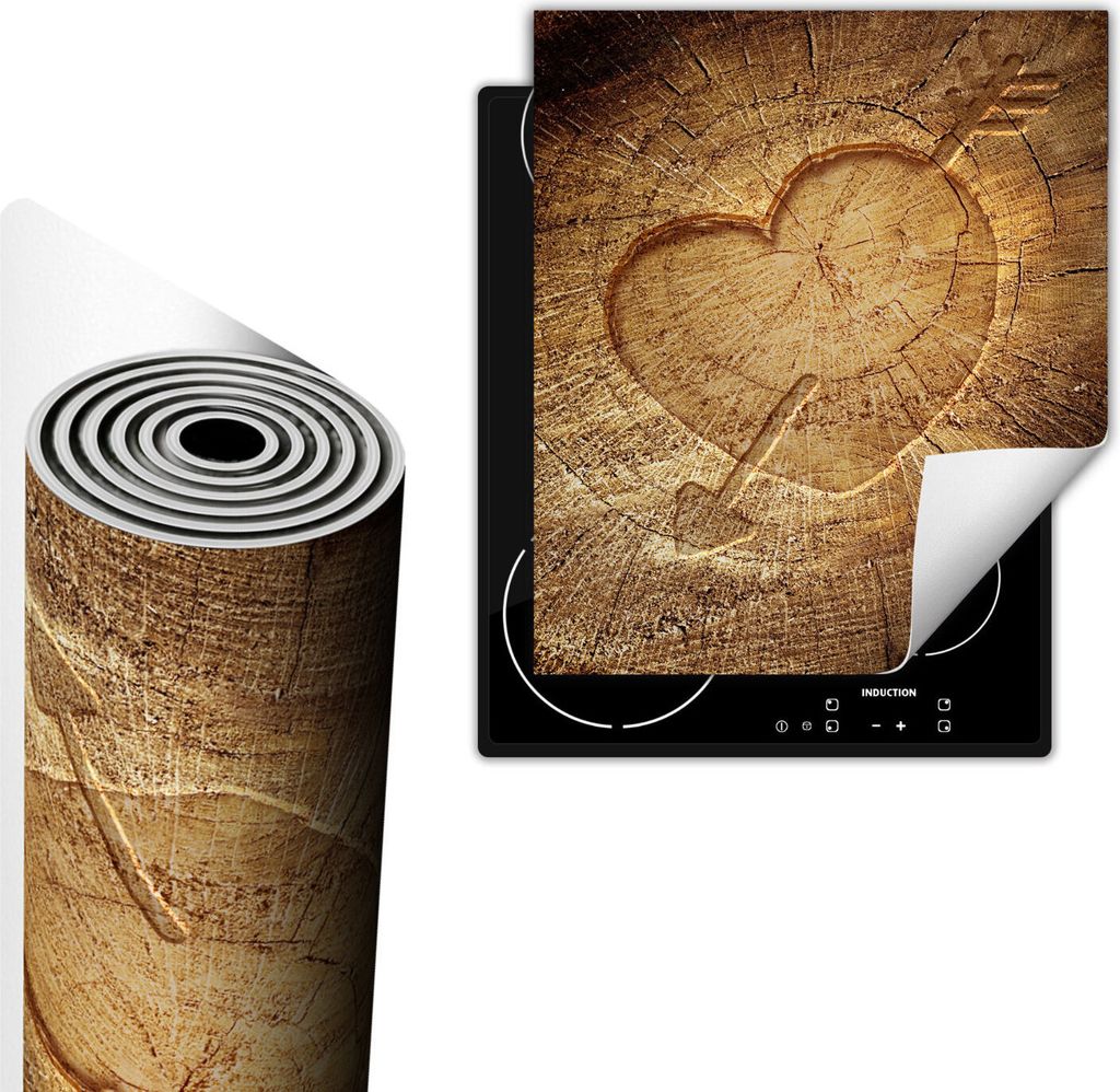 Herdabdeckplatte 45x52 cm Glaskeramikfeld Abdeckung Anti Rutsch Matte Aufrollbar, Herz Holz
