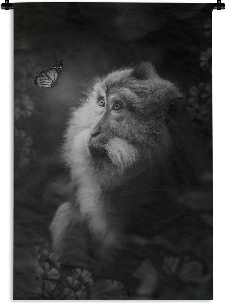 MuchoWow Wandteppich Wandbehang Porträt eines Affen und eines Schmetterlings im Dschungel - schwarz und weiß 120x180 cm Tapisserie Dekoration W...