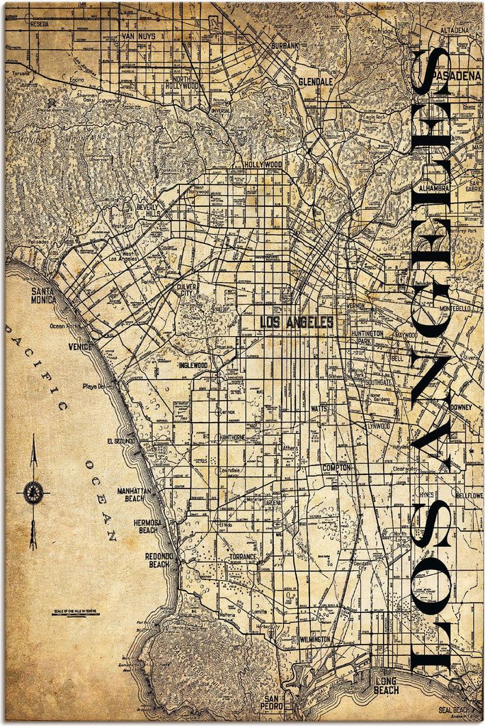ARTland Leinwandbild Los Angeles Karte Straßen Karte Sepia Größe: 60x90 cm