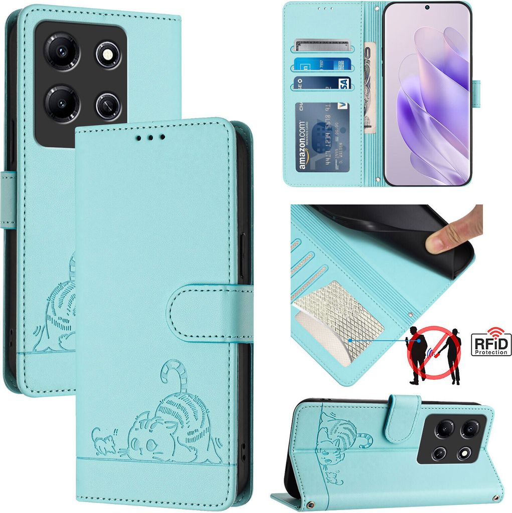 Leder Hülle für Infinix Note 30i Süße Katze Flip Case Brieftasche Schutzhülle mit Standfunktion hellgrün