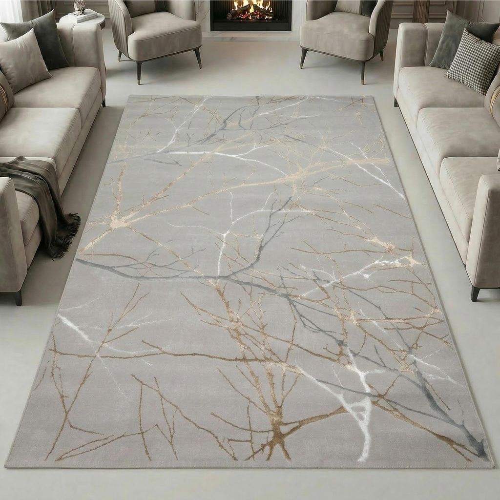 Designer Teppich mit abstraktem glänzenden Ästemuster gold Produktbild 