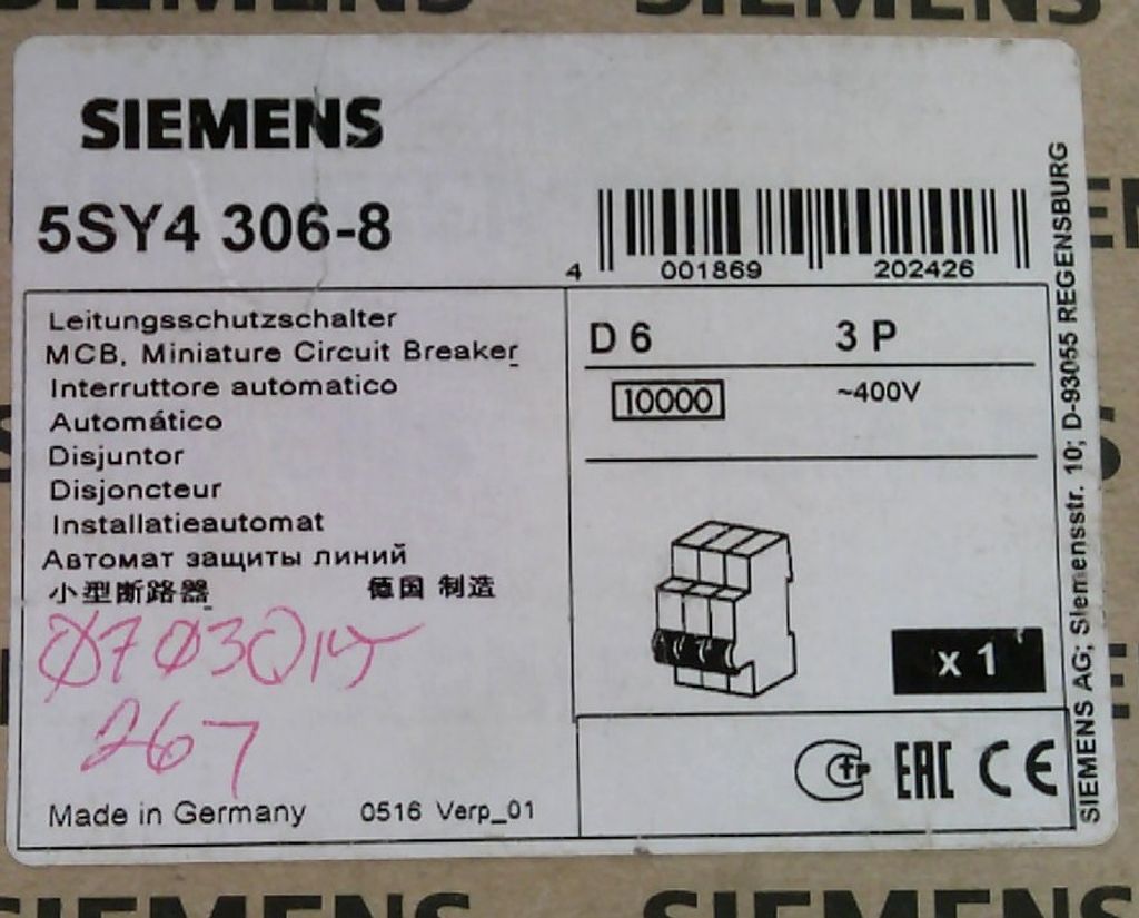 Siemens LS-SCHALTER 10KA 3POL D6