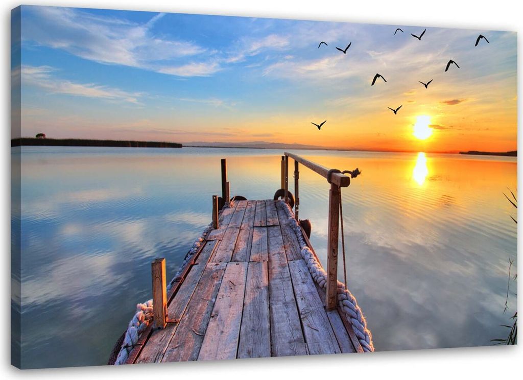 Leinwandbild sonnenuntergang über einem see 90x60 cm Feeby blau wandbild bereit zum aufhängen