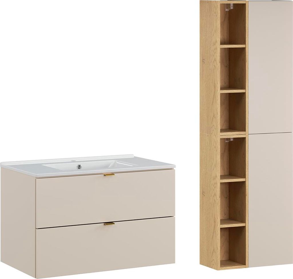 Waschtisch und Hängesäule 80cm Azel mit 2 Schubladen, Kaschmir