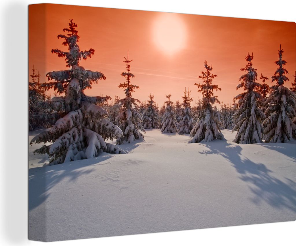 OneMillionCanvasses - Leinwandbilder - 140x90 cm, Oranger Himmel durch den Sonnenuntergang über dem Schnee im deutschen Nationalpark Harz, Wandb...