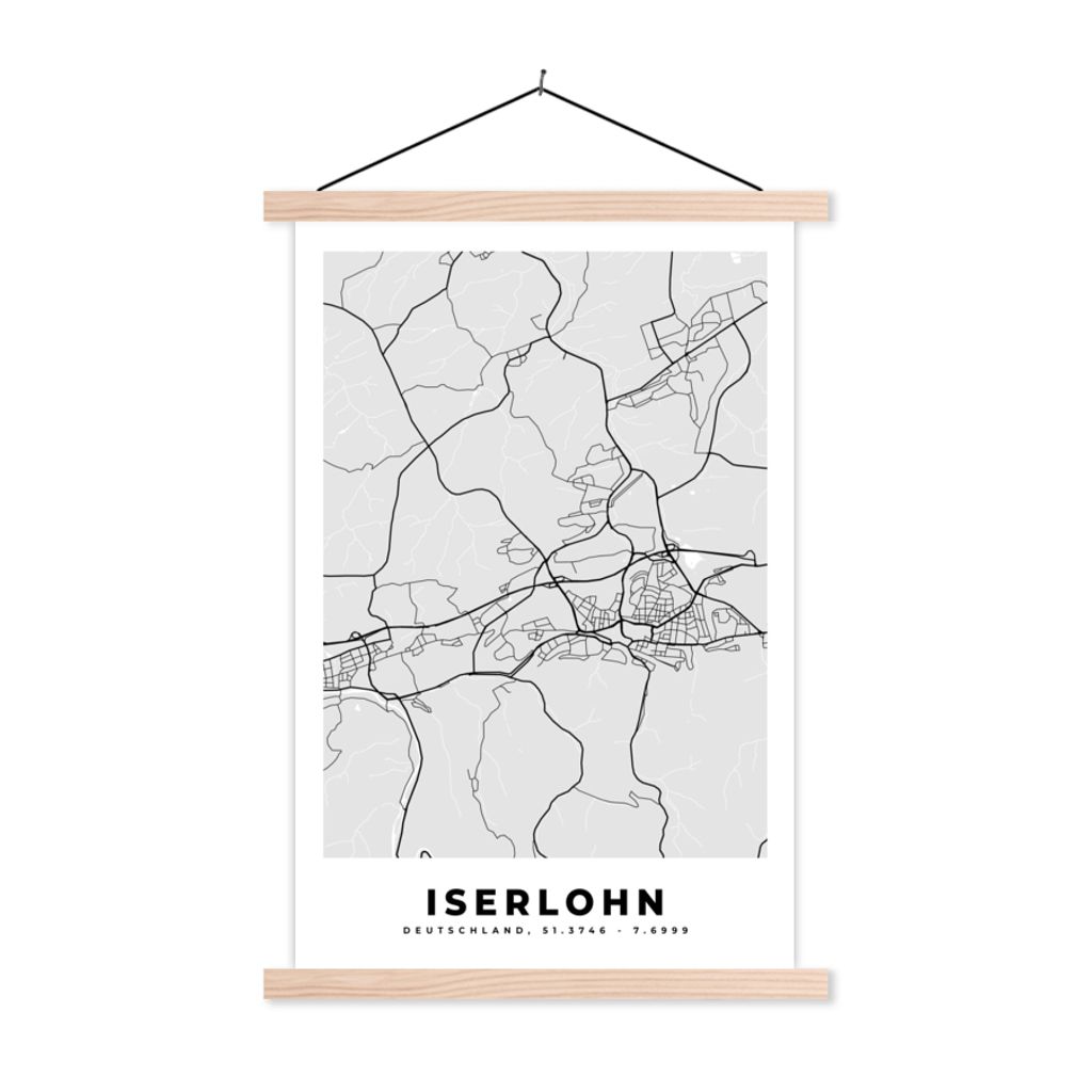 MuchoWow Textilposter Karte - Deutschland - Iserlohn - Karte - Stadtplan 60x90 cm mit holzfarbenen Rahmen - Textil