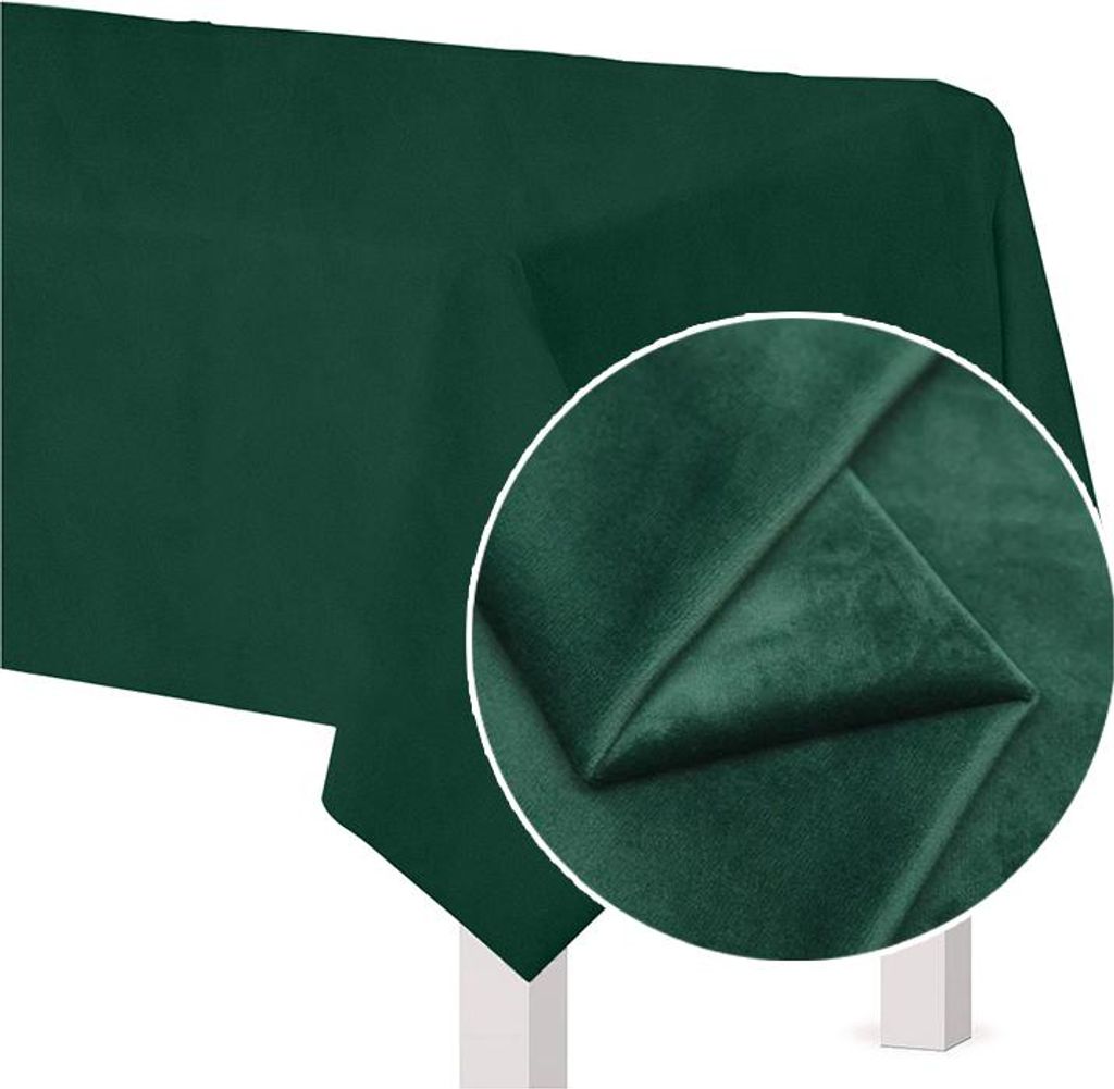 A dark green tablecloth draped over a table, with a close-up inset showing the fabric texture.