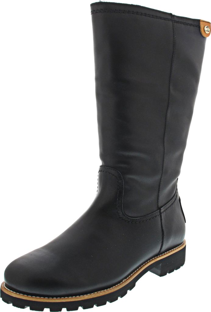 A black leather boot is shown against a white background.