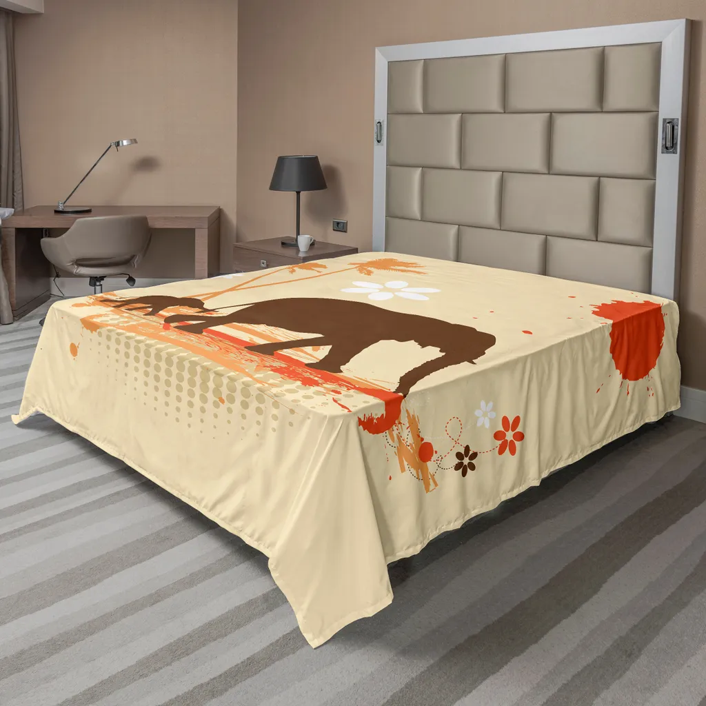 ABAKUHAUS Drap plat Éléphants Safari 266x260 cm Orange Brun Crème Doux