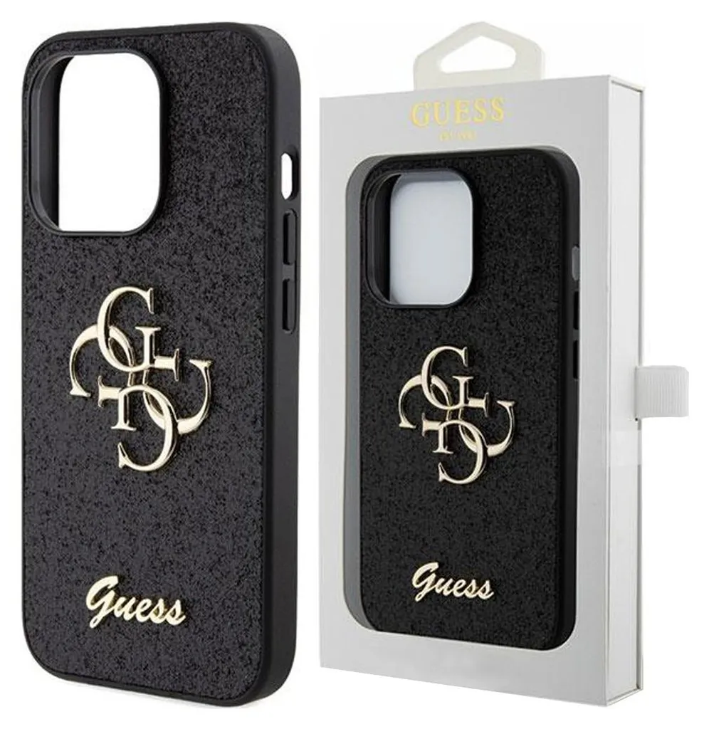 Guess Custodia iPhone 15 Pro Max Glitter Script Big 4G - Nero Elegante
