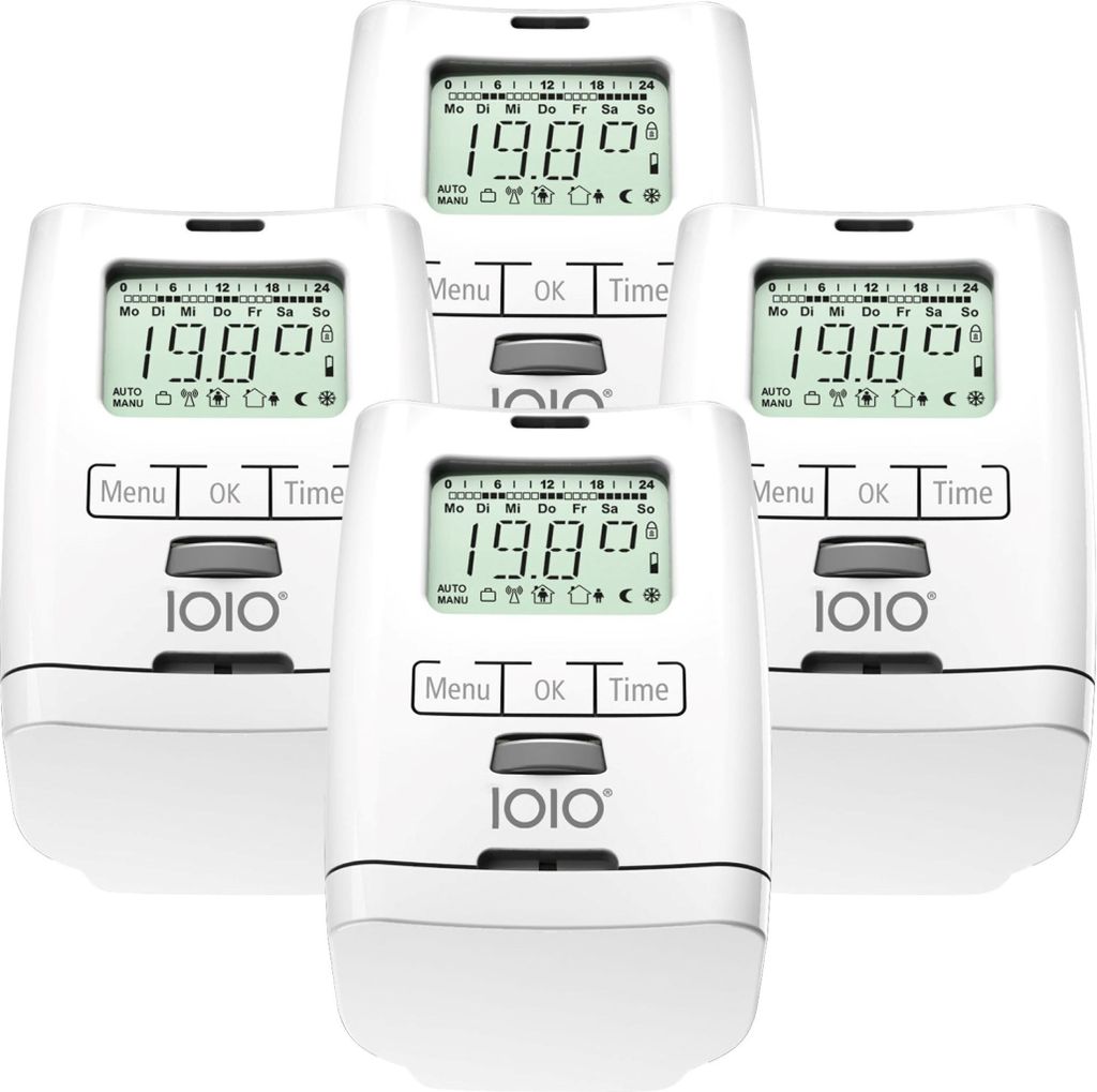 A group of five white electronic thermostats arranged in a pyramid formation against a white background.