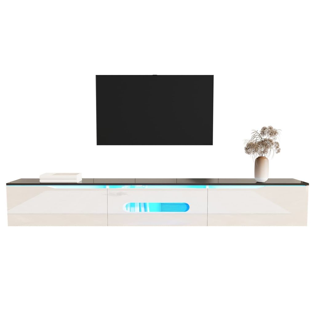 Moderner TV-Schrank(Weiss)180 cm lang, Hochglanzoberfläche, mit 16-farbiger LED-Beleuchtung, wandmontierbar