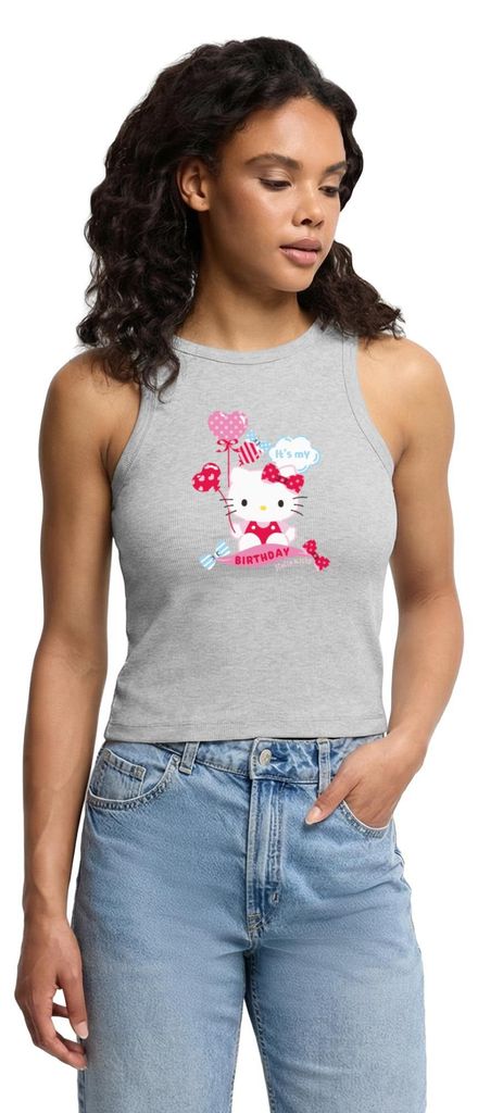 Spreadshirt Hello Kitty Mit Ballons Mein Geburtstag Cropped Frauen Organic Tank Top, XL, Grau meliert