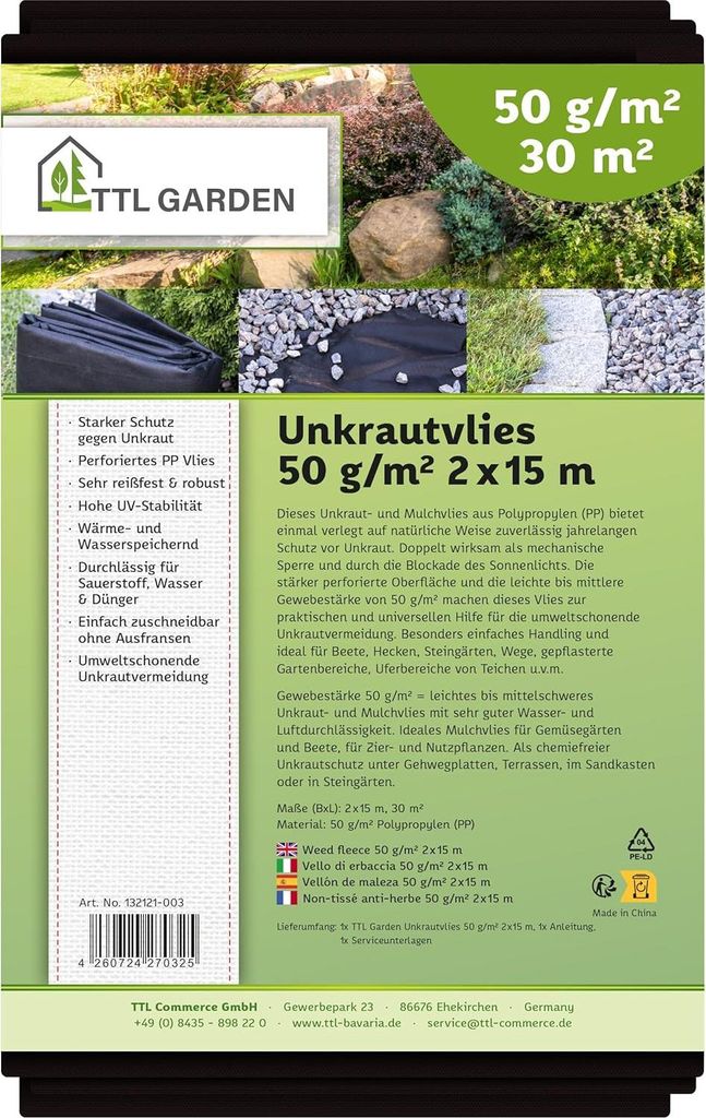 TTL GARDEN Unkrautvlies 30m² 2x15m schwarz Gartenvlies Produktbild 