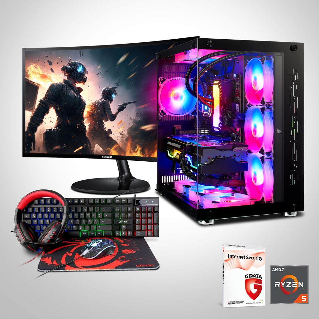 Gaming PC Komplett Set AMD Ryzen 5 6x 4.2 Ghz Radeon Gamer 24 Zoll