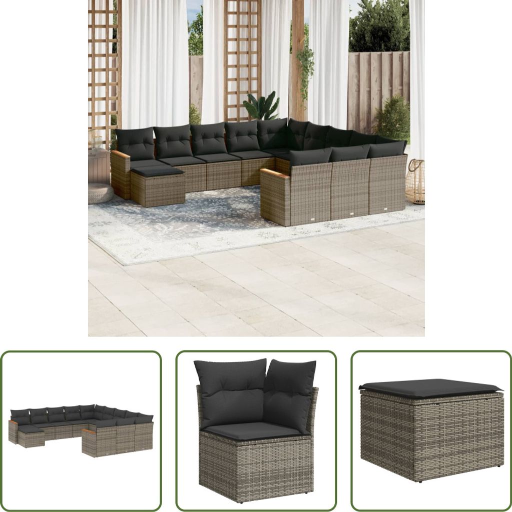 The Living Store 12-tlg. Garten-Sofagarnitur mit Kissen Grau Poly Rattan