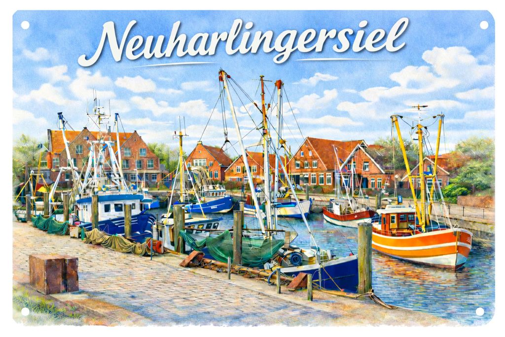 Blechschild 20x30cm Neuharlingersiel Hafen Boote Motiv Metallschild Maritime Wanddeko Nordsee Küstenliebe Urlaub AstraDesign