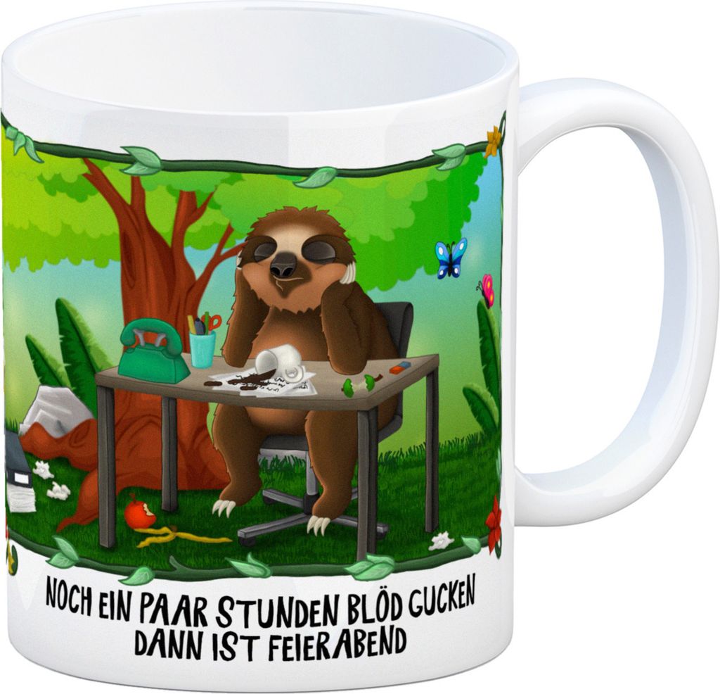 Kaffeebecher mit Faultier im Büro Dschungelmotiv und Produktbild 