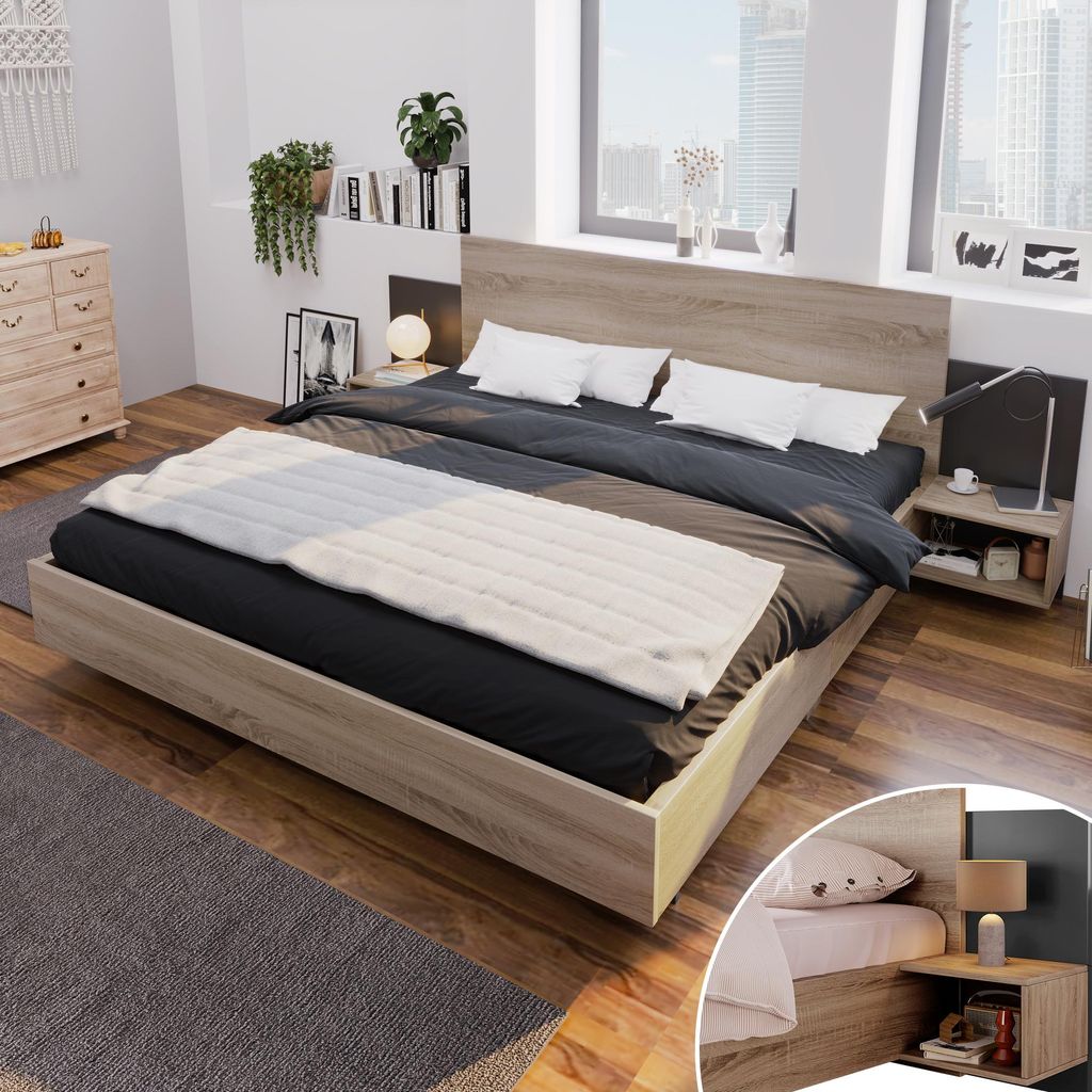Zubaliya Doppelbett Bettanlage - 160x200 cm Eiche/Dunkelgrau - 2 Nachttische - Lattenrost inklusive