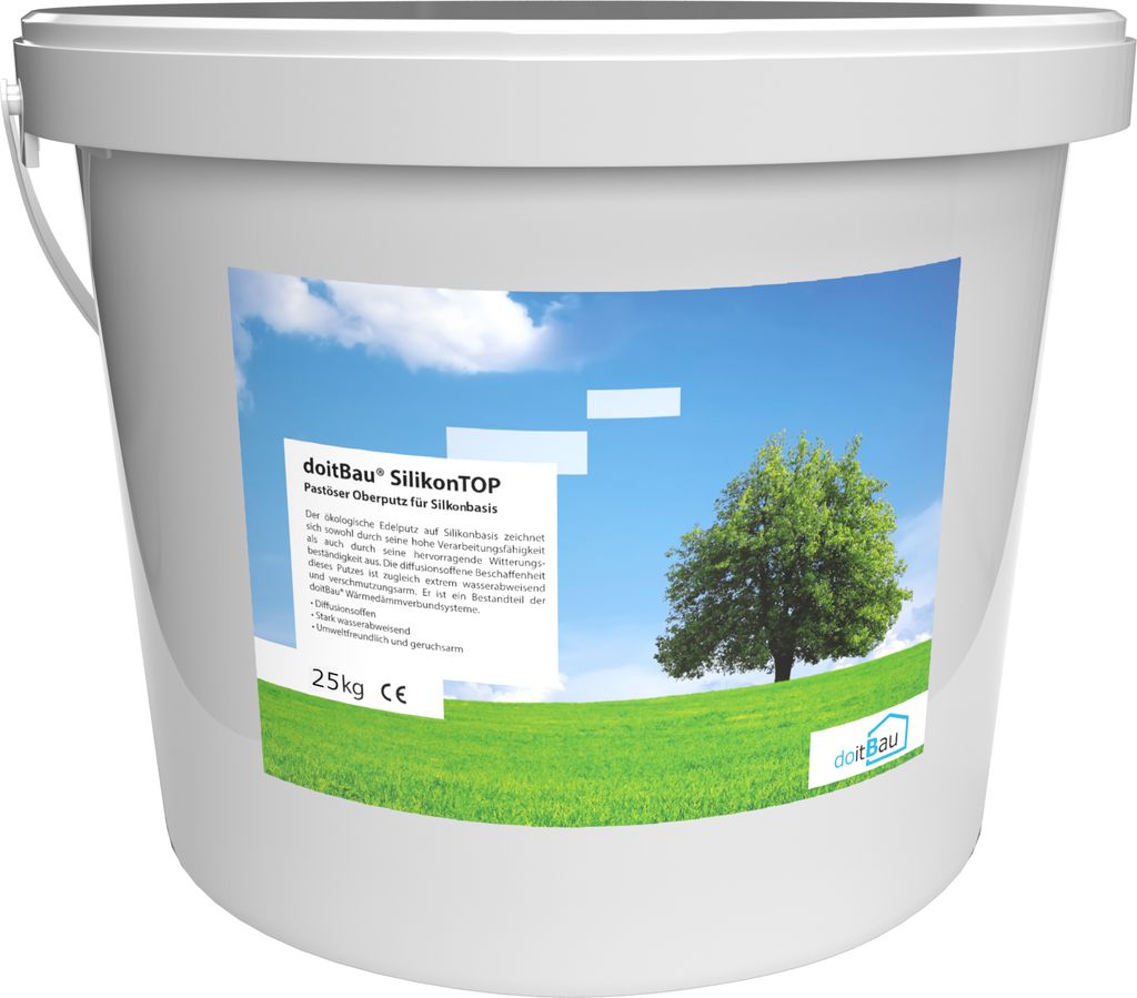 SilikonTOP Scheibenputz 25kg RAL 7030 Steingrau WDVS Silikonputz 1,5mm fein Nano-Effekt Silikonharz Fassade Oberputz Edelputz Eimer Fassadenputz
