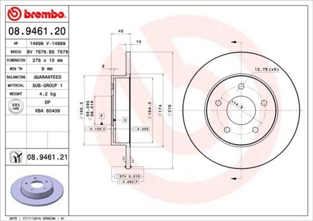 BREMBO 08.9461.21 Bremsscheibe OE 432064U101 kompatibel mit Primera, Almera