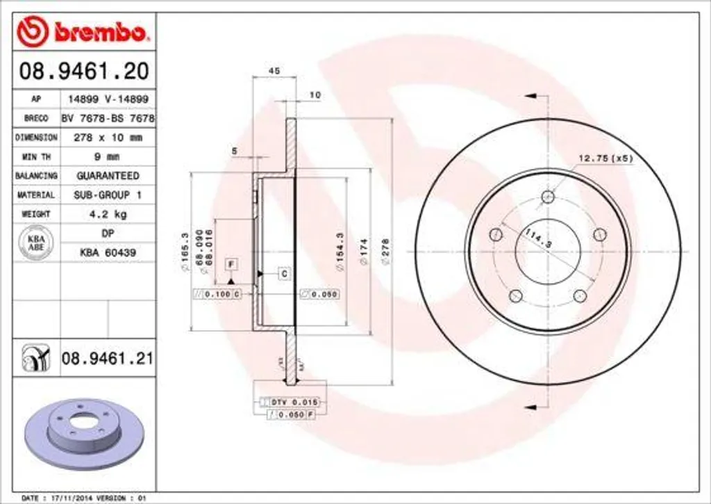 Brembo 08.9461.21 Disque de frein arrière pour Nissan Almera Tino V10
