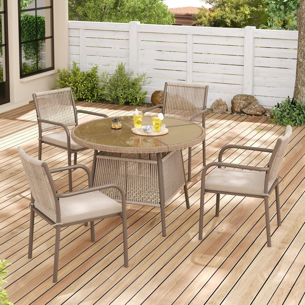 Merax Gartenmöbel Set aus Rattan mit rundem Glastisch und 4 Armlehnstühlen, Outdoor Essgruppe mit Eisengestell, Gartenlounge mit Sitzkissen, Beige
